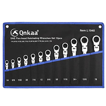 Qnkaa Qnkaa12pcs Flexible Ratchet Wrenches Set SAE 1/4” to 7/8“ Inch | Standard Spanners Gear Ring Ratcheting Combination Flexi Wrench Kit Flex Flexible Head - size: 12-Piece SAE Set