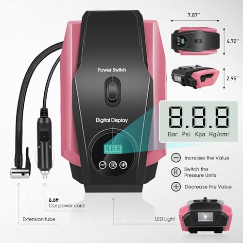 DNA MOTORING Tire Inflator Portable Air Compressor, 12V DC Air Pump for Car Tires, Bike, Motorcycle, Ball, Electric Bike Tire Pump with Pressure Gauge, LED Light, Auto Shut Off, Pink, TOOLS-00679-PK - style: Standard pink