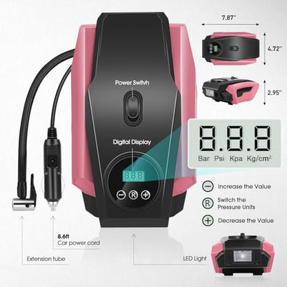 DNA MOTORING Tire Inflator Portable Air Compressor, 12V DC Air Pump for Car Tires, Bike, Motorcycle, Ball, Electric Bike Tire Pump with Pressure Gauge, LED Light, Auto Shut Off, Pink, TOOLS-00679-PK - style: Standard pink