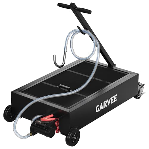 Garvee 20-Gallon Low Profile Oil Drain Pan Electric Pump, Casters - Black | Low profile design fits easily under vehicles; Built-in electric pump with 6.5ft hose for easy draining; Lockable casters