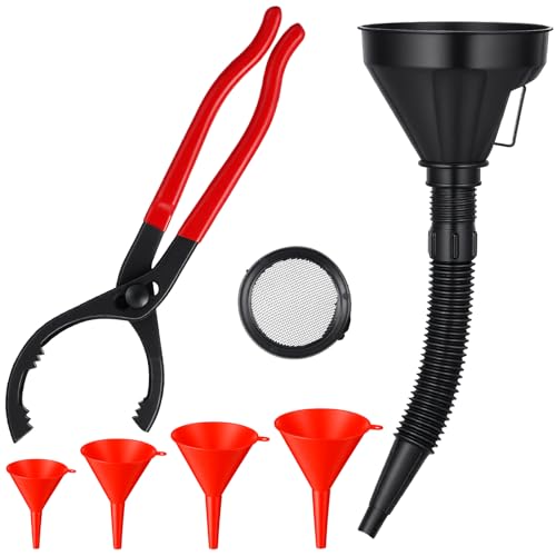Chumia 6 Pcs Automotive Oil Funnel Set, Flexible Wide Mouth Fuel Funnels with with Flexible Neck, Detachable Spout and Adjustable Oil Filter Wrench, Automotive Funnel Kit for Gasoline, Coolant, Water