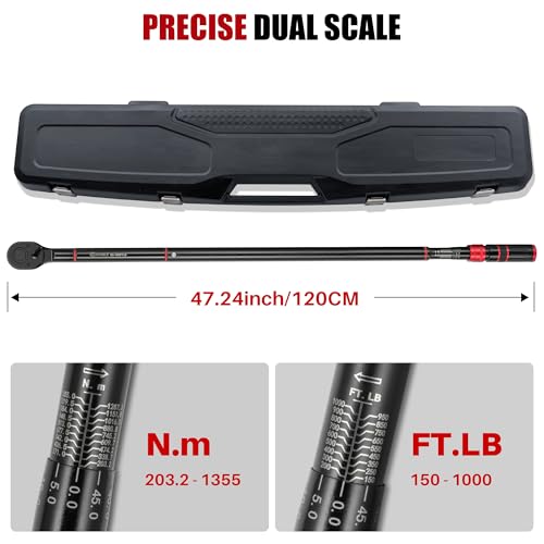 3/4" Drive Click Torque Wrench-150-1000Ft.Lb for Truck,HD Vehicles | Adjustable Inch Pound Torque Wrench(203-1355Nm), 48T Dual-Direction 3% Precision for Tractor Heavy Equipment Farms RV - size: 3/4"DR. 150~1000 FT-LB