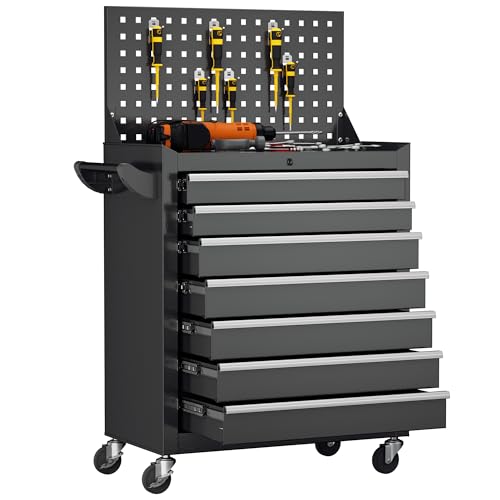 Greenvelly 7-Drawer Metal Tool Chest, Rolling Tool Chest with Wheels, Tool Cabinet with Pegboard and Hooks, Metal Tool Cart with Handle for Garage, Workshop, Warehouse (Black) - color: Black, size: 7 Drawers