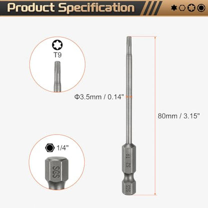 HARFINGTON 5pcs T9 Torx Head Screwdriver Bit 1/4" Hex Shank 3.15" (80mm) Long Magnetic No Hole Tip Tamper Proof 6 Point Star Screw Driver Drill Bits S2 Steel Industrial Power Screwdrivers - size: T9 x 3.15"(80mm)