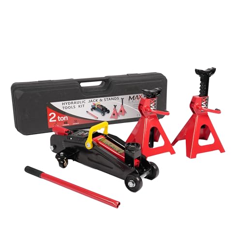 2-Ton (4400 lbs) Hydraulic Low Profile Trolley Garage Service/Floor Jack with Blow Mold Carrying Storage Case and 1 Pair 2 Ton Jack Stands for Home and Workshop Vehicle Maintenance