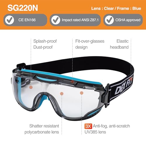 DEX FIT Safety Goggles SG220, Wide-Vision Lab & Chemical Splash Eye Protection, Anti-Fog & Scratch Resistant, Soft Seal, Z87.1 Approved; Black/Blue, Clear Lens, 30mm Strap, 1 PC - color: Black/Blue - Clear - 30mm