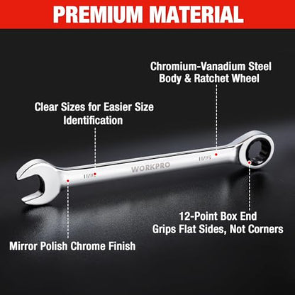 WORKPRO Ratcheting Wrench Set, SAE, 7-piece Ratcheting Combination Wrench Set, 5/16'', 3/8'', 7/16'', 1/2'', 9/16'', 5/8'', 18/16'', 12-Point, CR-V Steel, with Organizer Rack - size: 7-piece, style: SAE