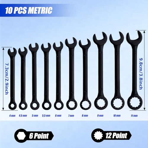 Mini Wrench Set Metric 10-Piece Ignition Wrench Set, 4-11mm Open End and Box End Combination Wrenches, Super Thin Small Wrenches with Zipper Bag and Key Ring for Small Fasteners, Black - style: Metric(Black)