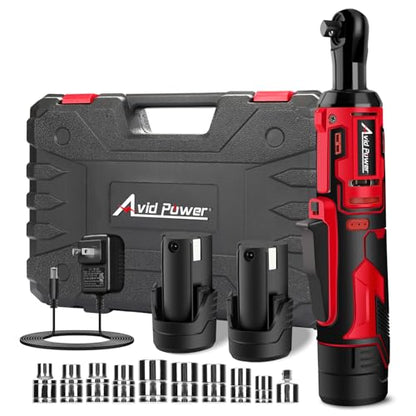 AVID POWER Cordless Electric Ratchet Wrench 3/8", 44.2 Ft-lbs 12V Power Ratchet Wrench Kit w/Two 2.0Ah Batteries, 1-Hour Fast Charger, Variable Speed and 10 Sockets