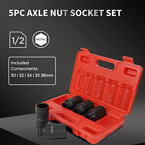 5PCS 1/2 Inch Drive Deep Spindle Axle Nut Impact Socket Set | 12 Point Metric, CR-MO, 30mm 32mm 34mm 35mm 36mm