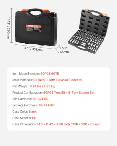 VEVOR Torx Bit Socket and External Torx Socket Set, 60-Piece T6-T70, TT6-TT70, TP8-TP60, E4-E24, S2 Alloy Steel and Cr-V Steel, 1/4 in, 3/8 in, and 1/2 in Drives, with Enhanced Storage Case, Hand Use - style: 60 PCS Torx & E-Torx
