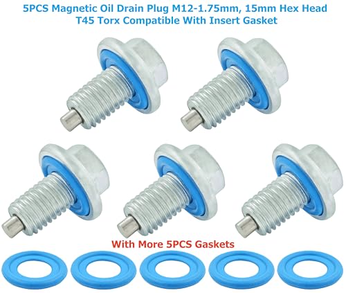 5PCS Magnetic Oil Drain Plug M12-1.75, 15mm Hex Head T45 Torx Compatible with Insert Gasket, More 5PCS Gasket, fit for GMC, Buick, Cadillac, Chevrolet, Replace GM 55577568, 090-948, 090-948CD