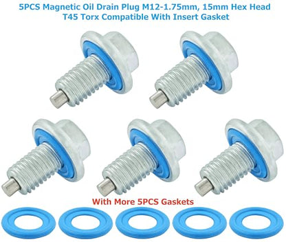 5PCS Magnetic Oil Drain Plug M12-1.75, 15mm Hex Head T45 Torx Compatible with Insert Gasket, More 5PCS Gasket, fit for GMC, Buick, Cadillac, Chevrolet, Replace GM 55577568, 090-948, 090-948CD