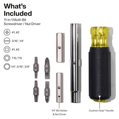 Klein Tools 32500 11-in-1 Screwdriver/Nut Driver Set, 8 Bits (Phillips, Slotted, Torx, Square), 3 Nut Driver Sizes, Cushion Grip Handle - size: 11-in-1