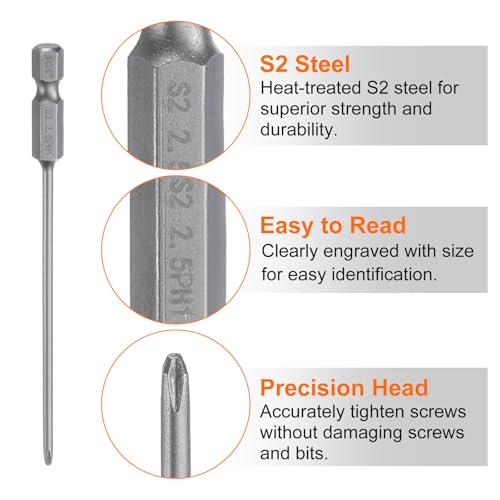 HARFINGTON 5pcs #1 Phillips Screwdriver Bit PH1 1/4" Hex Shank 4" (100mm) Long Magnetic S2 Steel Industrial Grade Screw Driver Bit Cross Head Electric Drill Bits 0.098" (2.5mm) Rod - size: PH1 x 100mm x 2.5mm