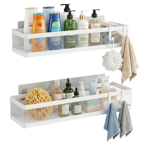 PUSDON 16.5-Inch Extra Long Slim Mesh Shower Caddy, Wall Mounted Bathroom Organizer with Adhesive, Heavy Duty Rustproof Shelf for Narrow Kitchen Pantry & RV, Holds 50 LBS 2-Pack - White Netting - color: White, size: Full Mesh (16.5" Extra Long)