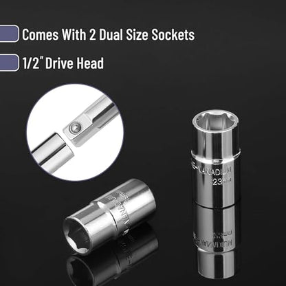 Bates Telescoping Lug Wrench - 1/2 Drive With 17/19mm and 21/23mm Sockets - Tire Iron and Nut Removal Tool