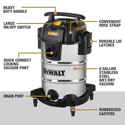 DEWALT DXV08S 8 Gallon 4 Peak HP Shop Vacuum Wet and Dry with Blower | Heavy Duty Shop Vac, 10ft Cord, 7ft x 1-7/8" Hose, 9 Accessories, Stainless Steel Tank, for Jobsite, Workbench and Garage