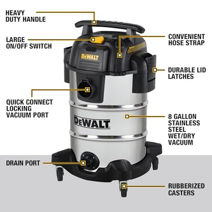 DEWALT DXV08S 8 Gallon 4 Peak HP Shop Vacuum Wet and Dry with Blower | Heavy Duty Shop Vac, 10ft Cord, 7ft x 1-7/8" Hose, 9 Accessories, Stainless Steel Tank, for Jobsite, Workbench and Garage