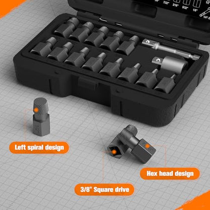 15-Piece Screw Extractor Set, 3/8" Inch Drive Multi-Spline Easy Out Bolt Extractor Kit, Hex Head Stripped Screw Remover Tool for Removing Broken, Rusted, and Stripped Bolts and Screws - size: 15 Pieces