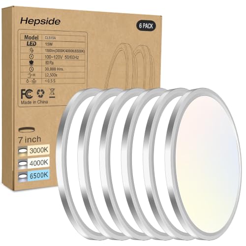 hepside 6PACK LED Flush Mount Ceiling Light, 3000K-4000K-6500K & 100W Equivalent Modern Kitchen Recessed Ceiling Lamp 15W 1500Lm 7 Inch for Bathroom Closet Laundry Bedroom - color: Brushed Nickel, size: 7Inch-6pack