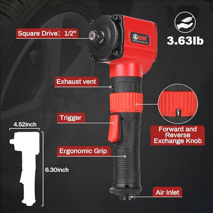 1/2'' Angle Impact Wrench, 910 ft-lbs Torque, Compact Lightweight 3.63 lb | Heavy Duty 7500RPM 1/2 Mini Air Impact Gun Driver, Twin Hammer Pneumatic Impact Wrench for Automobile Repair - size: ‎1/2 inch | 910 ft-lbs