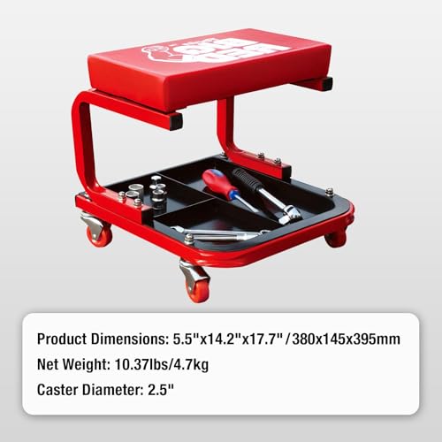 Big RED Rolling Mechanic Stool | 360° swivel casters; 250-lb steel frame; 3-zone tool tray; 14" waterproof padded seat; for garages, auto shops & DIY
