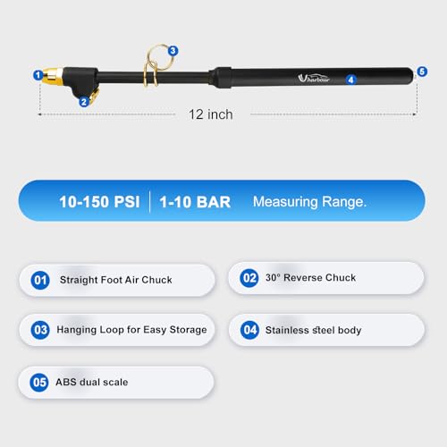 UHARBOUR Dual Head Tire Pressure Gauge 10-150PSI, 12 Pcs Heavy Duty Semi Truck Tire Pressure Gauge 1-10 Bar, Air Pressure Gauge for Tires Extended Tube for Semi Truck, RV, Car, Motorcycle