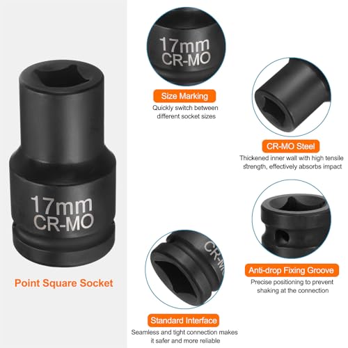 HARFINGTON 4 Point Square Socket 1" Drive 17mm Metric Square Impact Socket CR-MO Blackening Standard Wheel Sleeve Pneumatic Sleeve Tool for Auto Repair Mechanical Maintenance Home Use - size: 1"/17mm