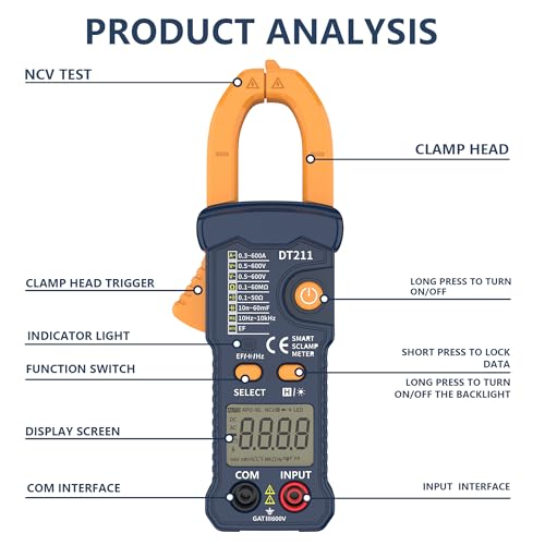 DT211 Mini Smart Clamp Meter | Digital Multimeter AC/DC Voltage & Current Tester | True RMS | NCV Non-Contact Voltage | Resistance, Capacitance, Frequency | Portable for Home/Automotive/Electricians