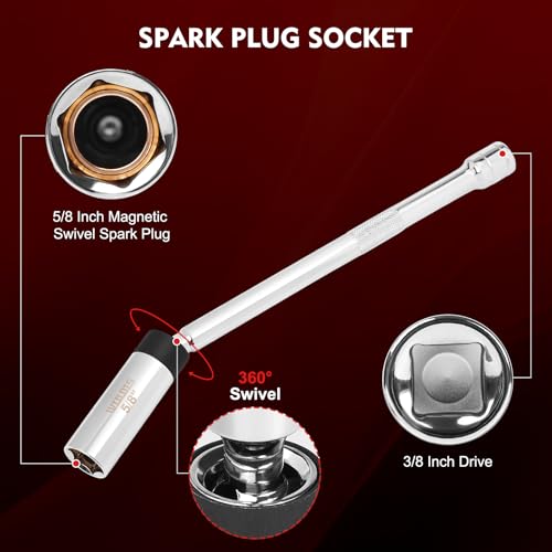 WIILDIS 6 PCS 3/8" Drive Magnetic Swivel Spark Plug Socket Set,Include 9/16-Inch, 5/8-Inch, 14mm, 16mm Socket & 3/8-inch Drive with 6-Point and 12-Point, CR-V - size: 6 PCS