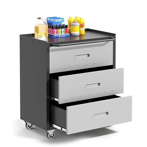 Garage Cabinets,Metal Garage Storage Cabinet with Wheels,Lockable Rolling Tool Cabinet with Drawer and Adjustable Shelves,Heavy Duty Tools Cabinet for Home Office Utility Room,Black/Grey - color: Black/Grey, size: 3 Drawers