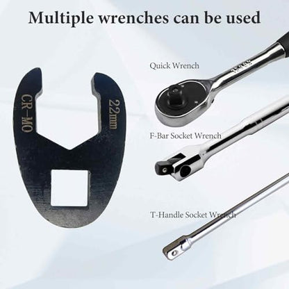 Crowfoot Flare Nut Wrench Set, 19PC Metric Tool 8 to 32 mm Sizes 3/8" & 1/2" Drive for Ratchets & Torque Wrenches(12Pcs for 3/8" drives, 8mm-19mm; 7Pcs for 1/2" drives, 21mm-32mm.