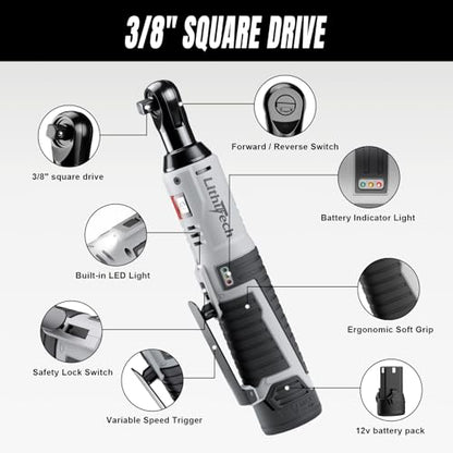 3/8" Cordless Electric Ratchet Wrench Set, 40Ft-lbs, 12V Power Ratchet Tool Kit With 2 Packs 2000mAh Lithium-Ion Battery And Charger,6 Sockets, 1/4" Adapter and 3" Extension Bar