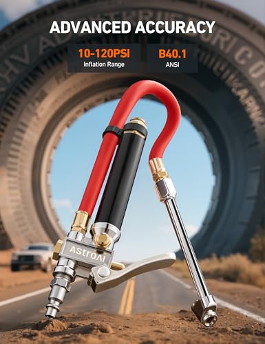 AstroAI T3 Heavy-Duty Tire Pressure Gauge with Inflator, Dual Head Chuck ANSI B40.1 Accurate Air Chuck with Pressure Gauge, 10-120 PSI, Compatible with 1/4" NPT Air Compressor - size: Classic 10-120 psi