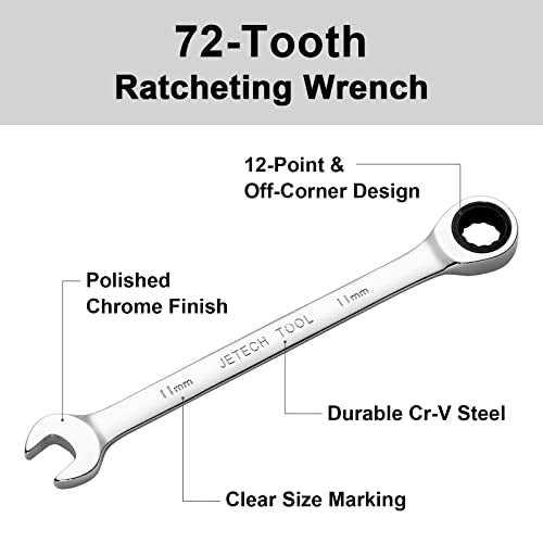 Jetech 11mm Ratchet Wrench, Ratcheting Combination Wrench Metric, Industrial Grade Gear Spanner with 12-Point Design, 72-Tooth Ratchet, Chrome Vanadium Steel - size: 11mm