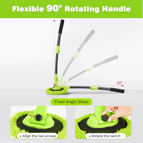7-in-1 Car Wash Brush Kit with 15° Curved Long Handle for Cars | Car Cleaning Kit with 2 Replaceable Car Washing Mop, Wash Sponge, Mitt, Towel, Tire Brush for RV SUV Truck, Green