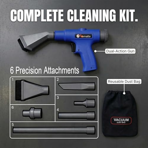 LE LEMATEC Pneumatic Air Vacuum Blow Gun, Dual-Action Detailing Cleaner | 150 PSI, 6-piece attachment kit, compressor-driven, automotive shop blower, workshop accessory