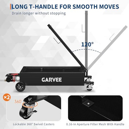 Garvee 20-Gallon Low Profile Oil Drain Pan Electric Pump, Casters - Black | Low profile design fits easily under vehicles; Built-in electric pump with 6.5ft hose for easy draining; Lockable casters
