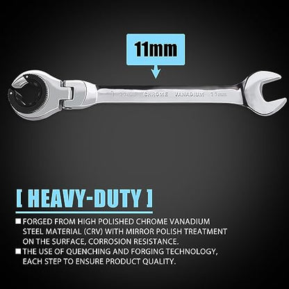 LOSCHEN 1PC 11mm Open Flex-Head Ratcheting Wrench, Metric Ratcheting Spanner with 81 Teeth, Chrome Vanadium Steel Tubing Ratchet Spanner - size: 11mm