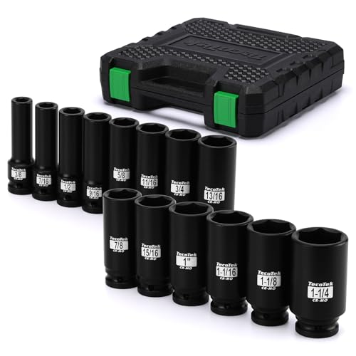 TecoTek 14PCS 1/2" Deep Drive Impact Socket Set, 6-Point, SAE (3/8" to 1-1/4"), CR-MO Steel, With a Storage Case - size: 0.375-1.250 inches (14 Pieces)