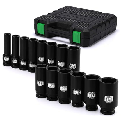 TecoTek 14PCS 1/2" Deep Drive Impact Socket Set, 6-Point, SAE (3/8" to 1-1/4"), CR-MO Steel, With a Storage Case - size: 0.375-1.250 inches (14 Pieces)