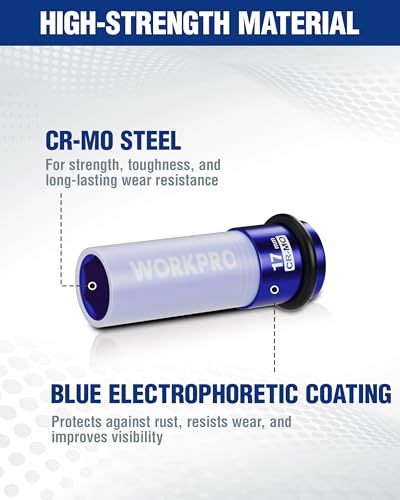 WORKPRO 1/2" Drive Lug Nut Impact Duty Socket, 17mm Deep Thin Wall Socket | Made of Premium Cr-Mo Steel, Non-Marring Lug Nut Wheel Sockets for Car - size: 1/2" DR x 17mm