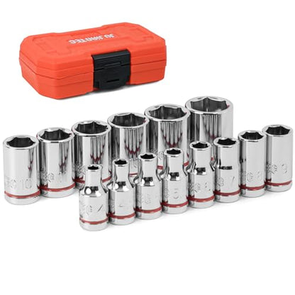 1/4" Drive Metric Master Socket Set, 14-Piece Shallow Hex Socket Set (4mm-15mm), Cover Most Commonly Sizes, 6 Point, Chrome Vanadium Steel with Molded Case - size: Shallow, style: 14pcs-metric
