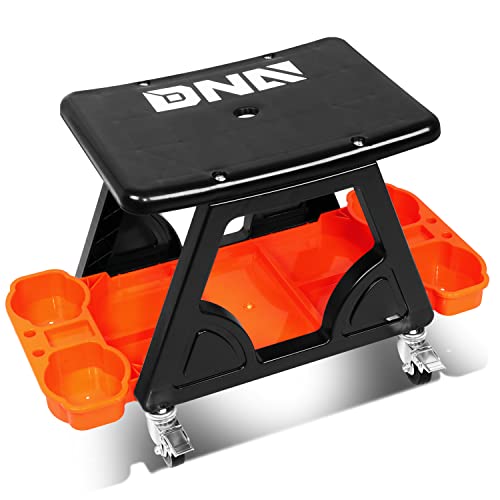 DNA Motoring TOOLS-00188 Mechanic Stool - 23" x 13.5" x 10.5" (L x H x W), Rolling Work Seat w/Lockable Swivel Wheels and Storage Tool Tray - color: ORANGE/BLACK