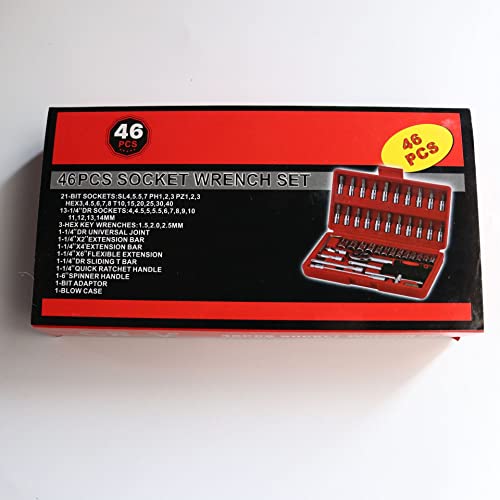 46 Pcs 1/4” Drive Socket Ratchet Wrench Set with Storage Case, Includes Metric Bit Socket Set and Extension Bar for Auto Repair and Home Maintenance - size: 1/4” Drive 46Pcs