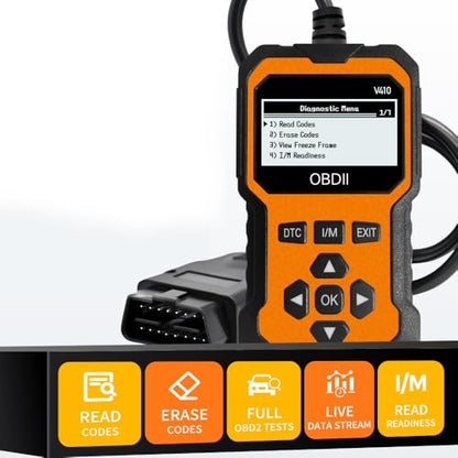 Professional OBD2 Scanner V410 & Car Diagnostic Tool – Auto Code Reader for All Vehicles, Engine Fault Code Reader Scan Tool with Live Data and Fix Suggestions Orange and Black