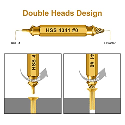 HSS 4341 Damaged Screw Extractor Set, 5-Piece Dual-Ended Drill Bit Kit, Sizes #0-#4, for Stripped, Broken, and Rusty Screws, Superb Gift for Men | High Speed Steel | Gold - style: 60326-G5