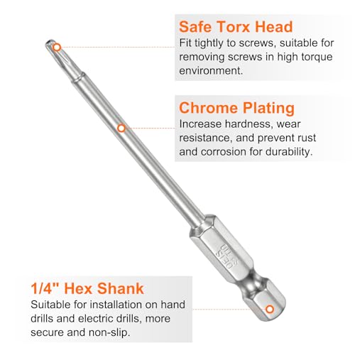 HARFINGTON 2pcs T10 Security Torx Bit 1/4" Hex Shank 3" Long S2 Steel Magnetic Tamper Resistant Star Bits Screwdriver Torx Head with Hole for Driver Drill Bits Remove Fastening Screws - size: T10