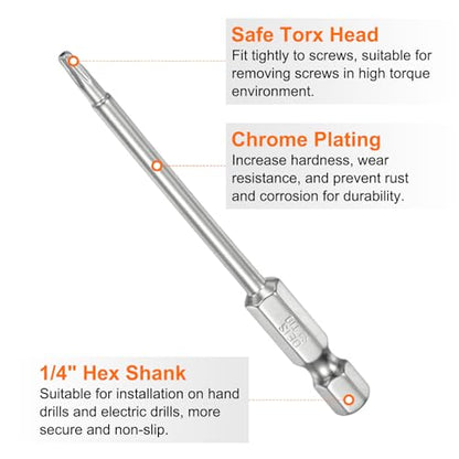 HARFINGTON 2pcs T10 Security Torx Bit 1/4" Hex Shank 3" Long S2 Steel Magnetic Tamper Resistant Star Bits Screwdriver Torx Head with Hole for Driver Drill Bits Remove Fastening Screws - size: T10